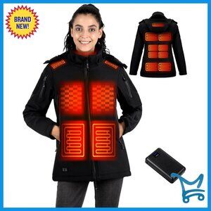 Heated Winter Jacket Women Soft Shell Electric Coat Detachable Hood Outdoor